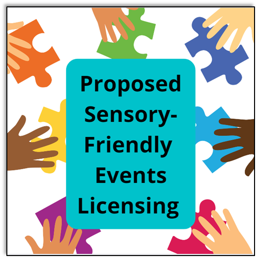 Proposed Sensory-Friendly Events Licensing. Multiple hands of different skin color touching a different colored puzzle piece